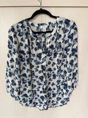 Kenar Women's Navy Floral Split-Neck Blouse - Size M